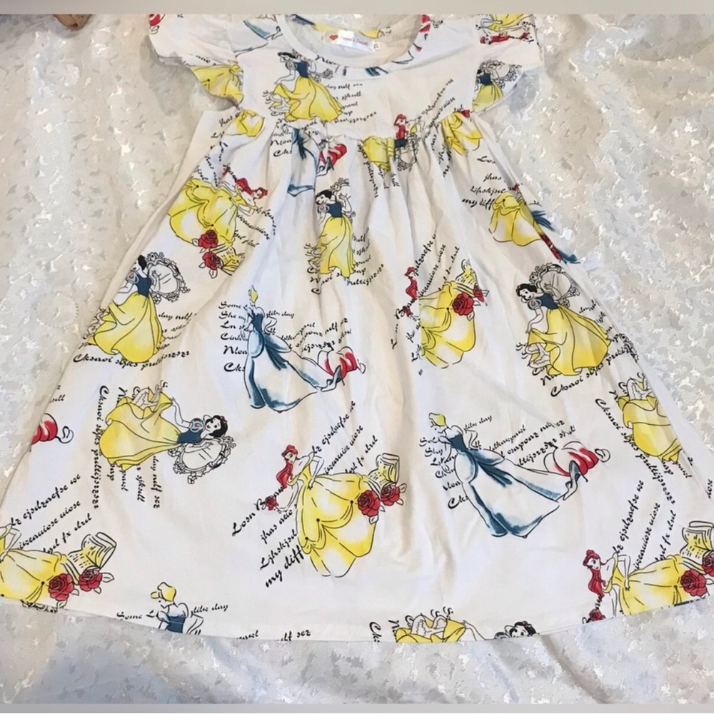 Girls White Princess Print Cotton Dress with Yellow and Blue Accents Size 6 NWOT